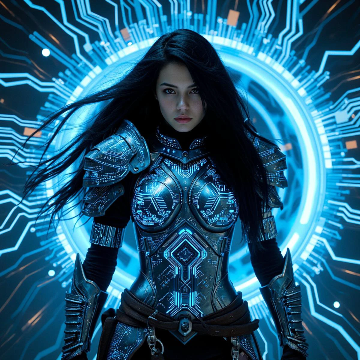 A fierce female warrior with long, flowing black hair, her armor etched with glowing blue circuits and electronic chip, stands in the heart of a digital nexus. Surrounding her is a vortex of luminous circuitry, casting intricate patterns of light on her armor. The scene is rendered with photorealistic detail, the lighting capturing the interplay between the metallic textures and the pulsating blue energy of the digital backdrop.
Dynamic pose, 3d render in unreal engine