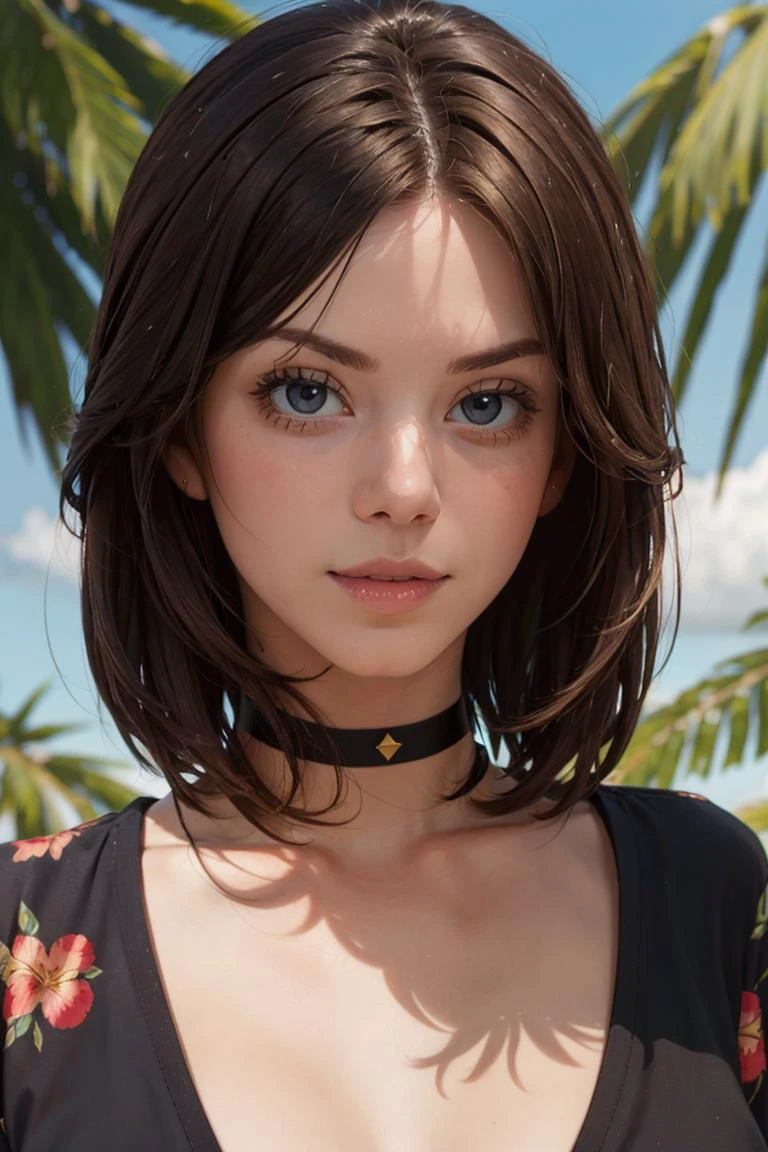 looking at viewer, (portrait, close up: 1.2), parted lips,
anitac,1girl, medium brunette hair, bangs, black choker, medium breasts, dress shirt, floral pattern,
realistic, picturesque, backlit, tropics, summer day,
<lora:anita_c_v7-04:0.8>