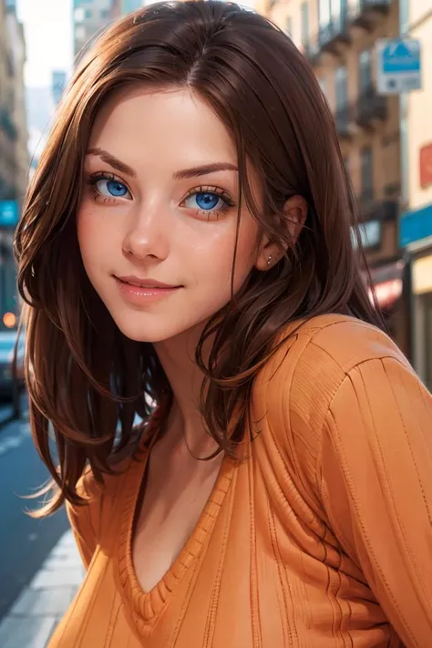 facial focus, smiling at viewer, (portrait, close up: 1.2), photoshoot, parted lips,
anitac,1girl, long brunette hair, blue eyes, medium breasts, orange knitted sweater,
glistening skin, detailed, hires, skin detail, subsurface scattering, realistic, picturesque, blurred background, city, hdr, 
<lora:anita_c_v7-04:0.8>