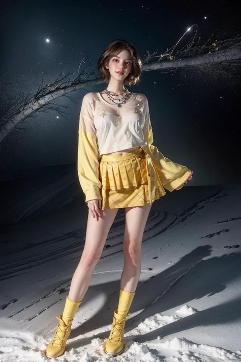 solo,the whole body, a girl with a plump figure was very happy,she stood in the snow, spitting hot air in her mouth, and the sky was covered in vast snowfall.Her skin was shiny and moist, with long black hair and bright eyes. She wearing yellow short skirt , (yellow short skirt:1.5),a beautiful necklace around her neck.She was looking at the screen,face up,at wonderland<lora:anita_c_v7-04:1> <lora:ClothingAdjuster3:-0.2>
BREAK
(smile:1.2),white sweater