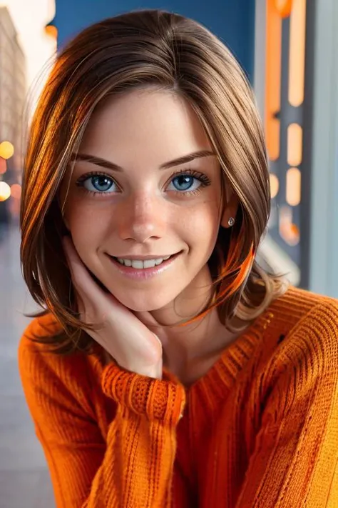 portrait, head shot, modelshoot style, looking at viewer, eye contact, anitac, 1woman, brunette hair, blue eyes, smiling, teeth, medium breasts, streetwear, (orange:1.3) knitted sweater, autumn, bustling city, blurred background, detailed eyes, ultra-realistic, warm volumetric lighting, masterpiece, best quality   <lora:anita_c_v2:1>