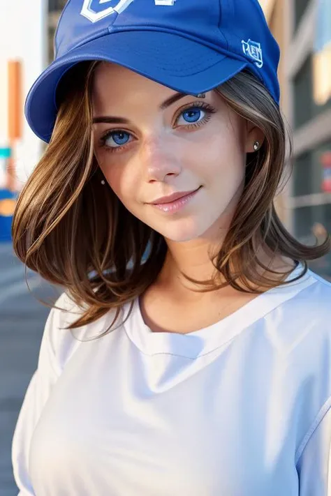 portrait, head shot, modelshoot style, looking at viewer, eye contact, anitac, 1girl, mature woman, brunette hair, blue eyes, parted lips, medium breasts, streetwear, long sleeved, sports jersey, baseball cap, bustling city, blurred background, detailed eyes, perfect face, warm volumetric lighting, masterpiece, best quality <lora:anita_c_v2:1>