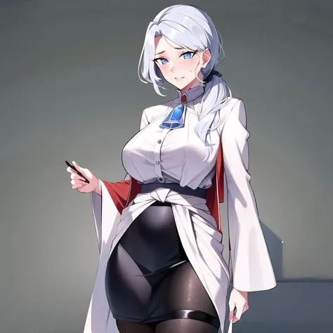 masterpiece,best quality, masterpiece, high detail,detailed face,detailed eyes,rendered eyes,perfect eyes,hip lines,ambient occlusion,crisp image,detailed,amazing,8k,8k wallpaper,8k background,high detailed skin,high res,
(((cowboy shot))), solo, 1girl,looking at viewer,WillowSchnee,white robe, <lora:WillowSchneeV1-10:0.9>.
Her attire consists of a white cravat secured by a silver brooch set with a red stone, as well as a light purple jacket with light sleeves, a wide belt around her waist, a matching pencil skirt with black tights and slippers.