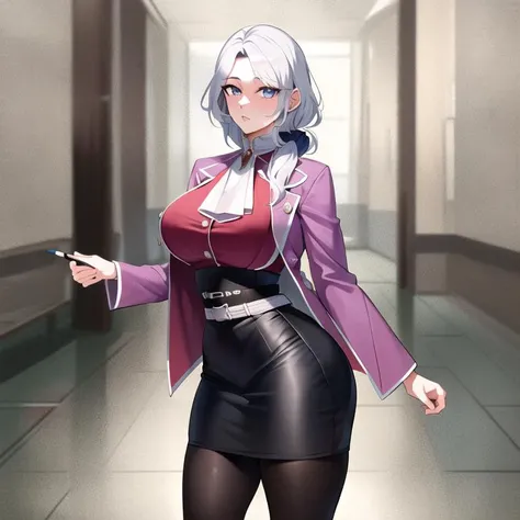 masterpiece,best quality, masterpiece, high detail,detailed face,detailed eyes,rendered eyes,perfect eyes,hip lines,ambient occlusion,crisp image,detailed,amazing,8k,8k wallpaper,8k background,high detailed skin,high res,
(((cowboy shot))), solo, 1girl,looking at viewer,WillowSchnee, <lora:WillowSchneeV1-10:0.9>.
Her attire consists of a white cravat secured by a silver brooch set with a red stone, as well as a light purple jacket with light sleeves, a wide belt around her waist, a matching pencil skirt with black tights and slippers.