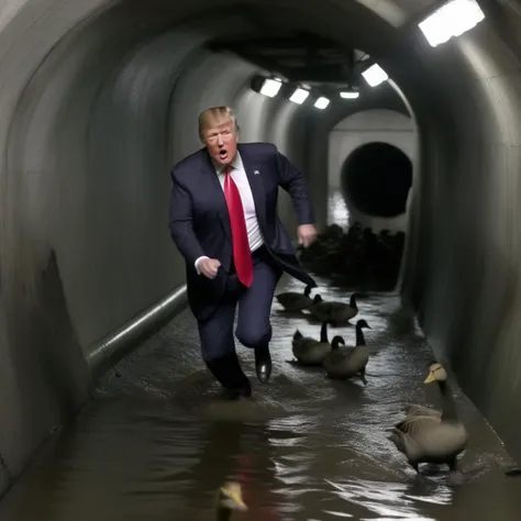 ctvfootage of a sewer underground with (Donald Trump) running away from multiple agressive and angry gooses, sludge, dark and gloomy, action shot, chaos, debris flying everywhere  <lora:SDXL_CCTV:1>