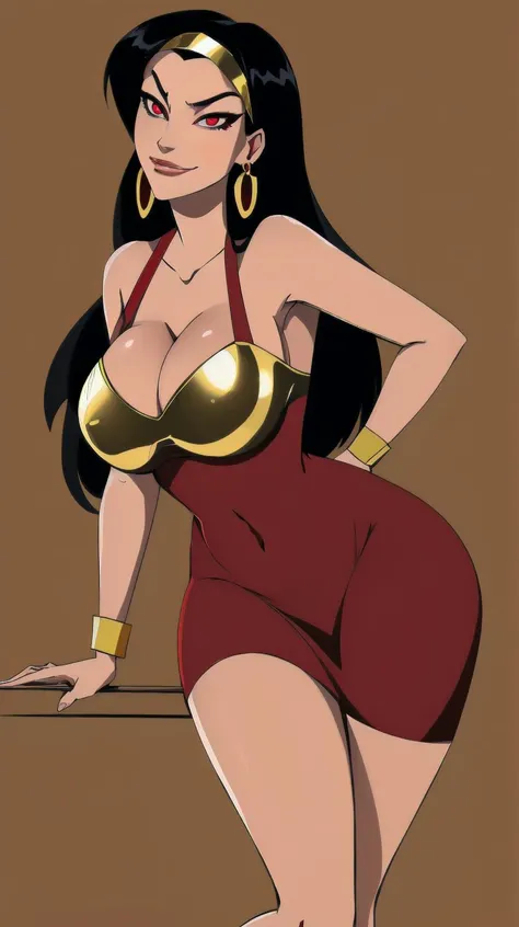 (masterpiece, best quality:1.2), 1girl, (smug), (yor briar, black hair, (red eyes:1.5), earrings, gold hairband, hairband, long hair, sidelocks, absurdly long hair), red dress, navel, huge breasts, leaning forward, looking at viewer, (simple background),<lora:EMS-88976-EMS:0.6> <lora:Gh0stlessm:0.7>