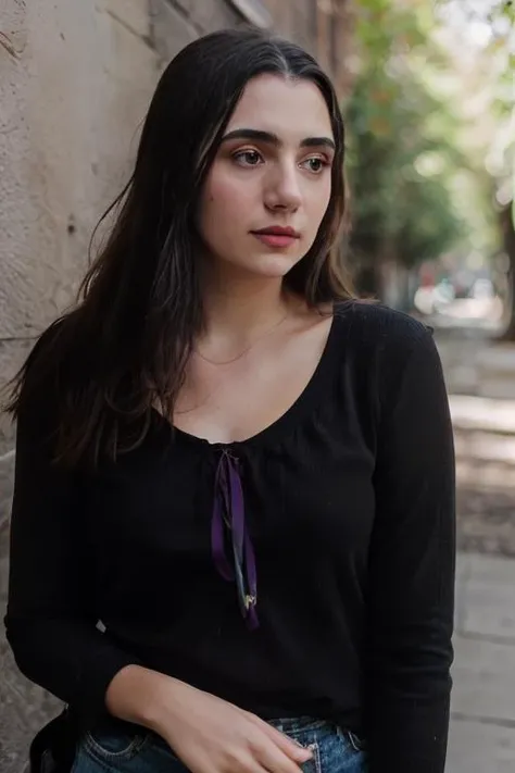 <lora:SafiyaNygaard:0.8>, full color portrait of a young woman, wearing black and purple clothes, natural light, RAW photo, subject, 8k uhd, dslr, soft lighting, high quality, film grain, Fujifilm XT3