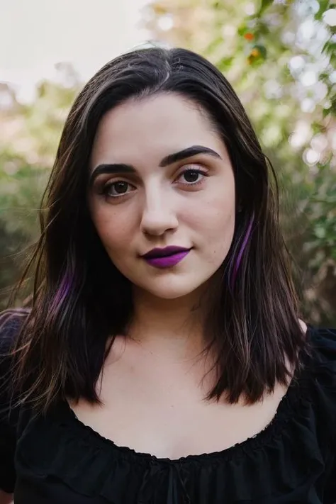 <lora:SafiyaNygaard:0.8>, full color portrait of a young woman, wearing black and purple clothes, natural light, RAW photo, subject, 8k uhd, dslr, soft lighting, high quality, film grain, Fujifilm XT3
