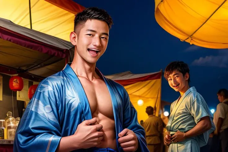 ((masterpiece)), ((best quality:1.2)), (ultra_realistic:1.3), (photorealistic:1.4), high resolution, shot by canon DSLR, lens 50mm, 8K UHD, <lora:add_detail:1.25>,homo, handsome face, perfect, masculine, male, muscular, good anatomy, (sharp focus), <lora:syahnkV4-04:1>, syahnk,eye view viewer, as (bishounen, hand on hip, pectoral cleavage, looking at viewer, smile, close mouth, summer festival, market stall, paper lantern, blue yukata, beautiful lighting, handsome, male, highly detailed,bokeh)