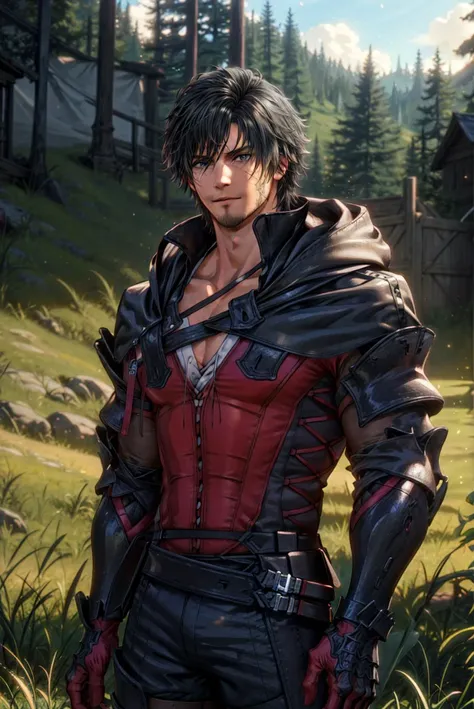 1boy, clive, clive_outfit, black hair, detailed face, hd, 8k, intricate details, volumetric lighting, photorealistic, detailed, tall grass, lustful forest, grassy fields, sunny, particles, standing, admiring scenary,