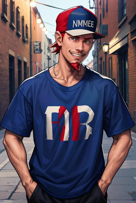 slrzztx, solo, genderless, 1boy, hat, middle finger, jacket, red hair, grey shirt, shirt, semi realistic, goatee, PonyXLV6_Scores, <lora:SemiRealPonyXL:0.8>