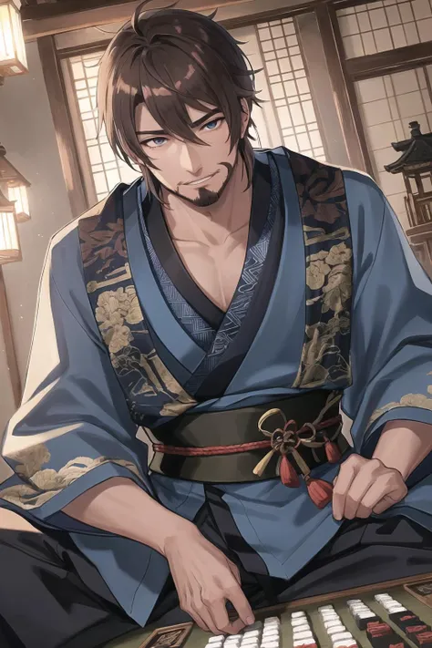 best quality,masterpiece,highres, yaoi, yaoi, (focus male), cg game cg, hd, (a manly 30 year old scruffy samurai man, blue samurai clothes, brown samurai hair, manly face, goatee, bliss face), sitting, japanese temple, beautiful background, intricate details, altar, (playing, mahjong), cocky smile, crowded japanese temple, light rays, crowd, closeup, dutch angle, detailed hands