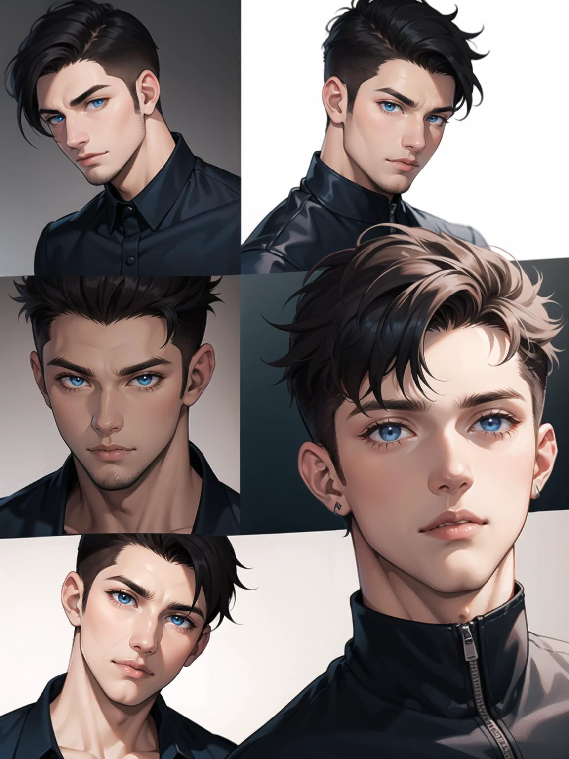 dark skin, short black hair whch is very stylish, his deep blue eye,