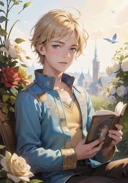 art by Bob Byerley art by adrianus eversen and jasmine becket griffith Saint-Exupery's "The Little Prince" illustrations for the book, ultra highly detailed, detailed, boy, perfect eyes, blond hair, fox, rose flower, digital painting, highly detailed, intricated, intricated pose, clarity, high quality an ultra hd detailed painting, digital art, Jean-Baptiste Monge style, bright, beautiful, splash, Glittering, cute and adorable, filigree, rim lighting, lights, extremely, magic, surreal, fantasy, digital art, wlop, artgerm and james jean, cinematic, 4k, epic Steven Spielberg movie still, sharp focus, emitting diodes, smoke, artillery, sparks, racks, system unit, motherboard, by pascal blanche rutkowski repin artstation hyperrealism painting concept art of detailed character design matte painting, 4 k resolution blade runner