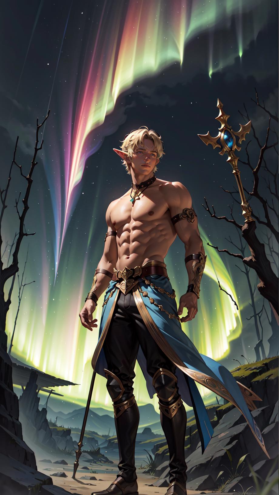 A man with a sword standing in front of a aurora light - SeaArt AI