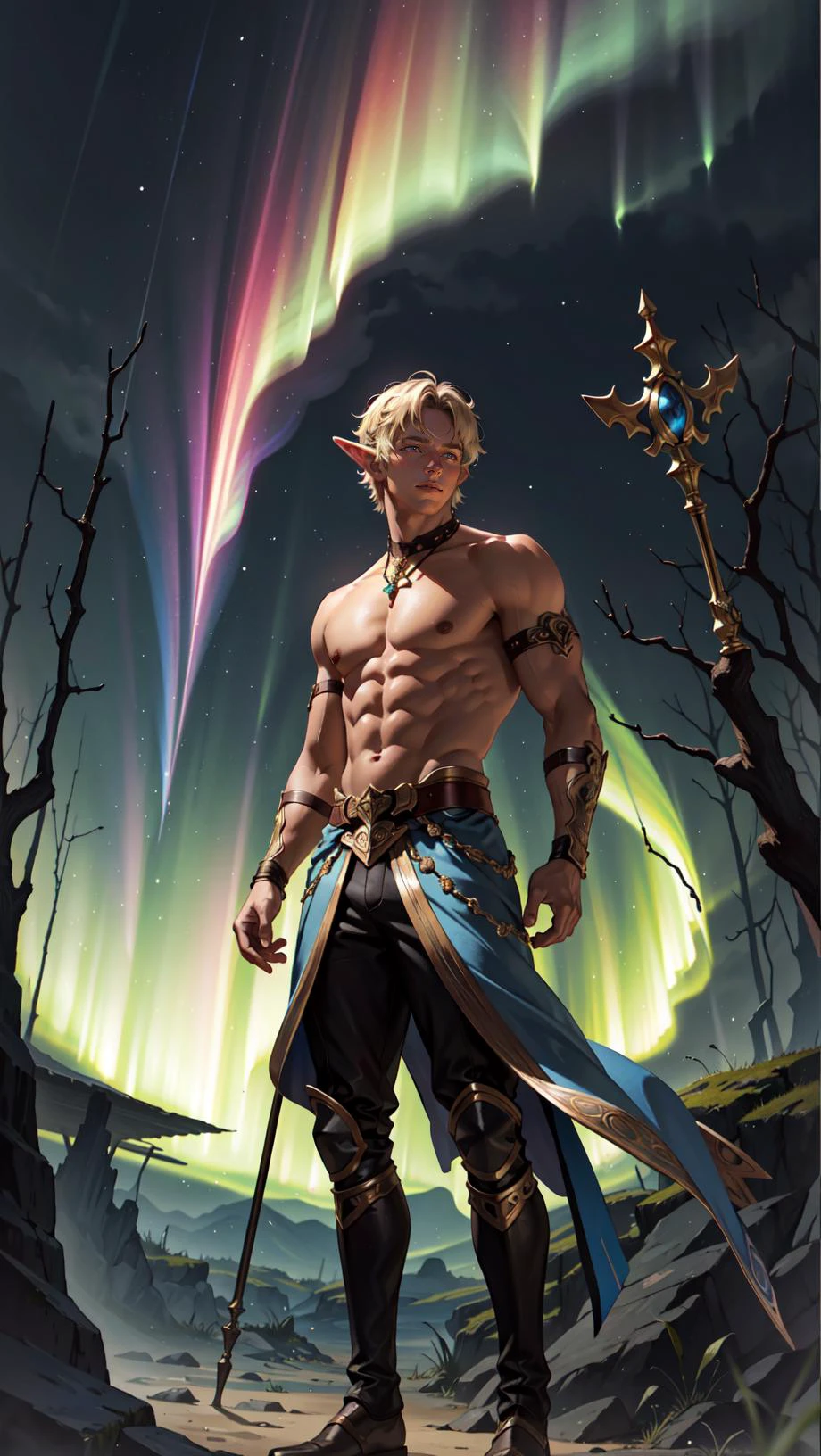 A topless, muscular male elf, holding a glowing magical staff, standing at the entrance of an enchanted forest, beneath an aurora-filled sky. Fantasy, intricate, highly detailed, digital painting, vibrant colors, magic, atmospheric lighting, detailed environment., Best quality, masterpiece, ultra high res, (photorealistic:1.4), 8k, intricate, elegant, highly detailed, majestic, digital photography,