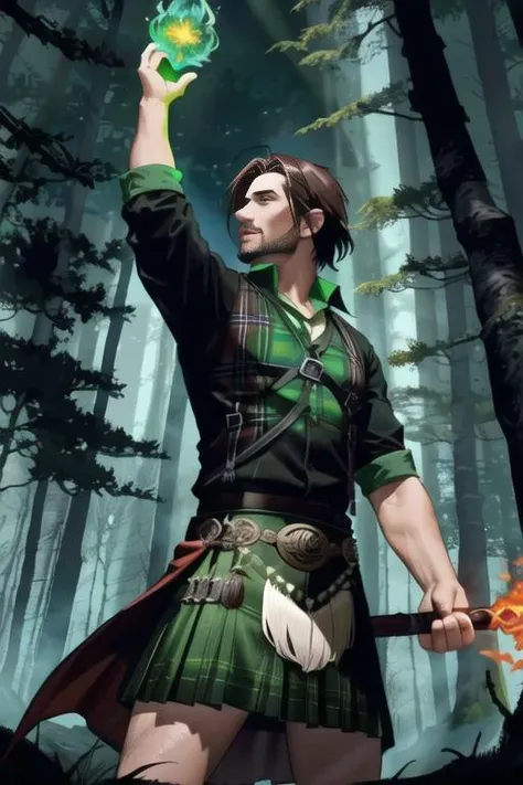 Celtic, male in kilt, 1man, dark forest background, wielding Morningstar staff in left hand, right hand wielding a green fireball, arcane book floating in front of man, dark forest background, fire, forest on fire, cut on mans arm, 1man, middle-aged man, linen weaved shirt, long dark hair, dusk, barbarian yell, arms out stretched,