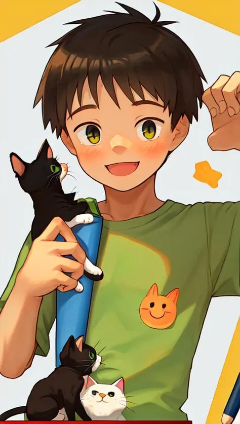 1boy,mix pattern,Crayon,green shirt, cat, emoji, smile,, masterpiece, best quality,