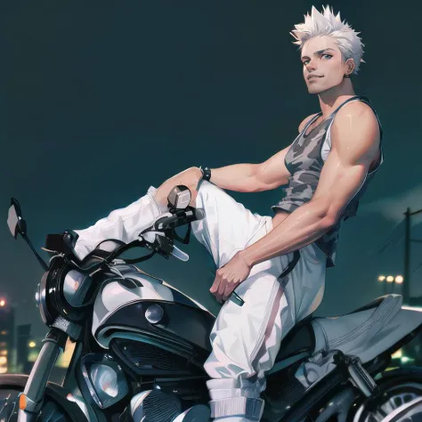 (best quality), (high quality), (detailed), (masterpiece), (absurdres), a portrait of a young man, 1man, looking at the camera, realistic, (cute:1.2), (handsome:1.2), masculine features, toned, tanned skin, short hair, fade side, (((wearing white tank top, white jogging pants, boots:1.5))), (((riding motorcycle:1.5))), outdoor, road, highway, neon lights, urban, buildings, cyberpunk, street lighting, street lights, photograph, hdr, depth of field, 35mm, dslr shot, canon, 100 ISO, dynamic lighting, vibrant colors, octane render, ((16k)), (sharp focus), beautiful hands, detailed fingers, <lora:add_detail:0.75>, slender body, thin but muscular body, toned, (spiky hair:1.5)