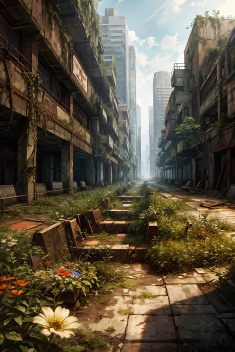 8k, realistic, vray, HDR, 6000K, in a post-apocalyptic overgrown park, weedy flower beds, bright flowers, rusted playground, dried fountain, mossy benches. <lora:PostApocalyptic_v4:0.6> SZ_4po enviroment
<lora:add_detail:1.2>