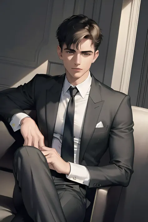 masterpiece,best quality,ultra detailed,detailed eyes,film grain, photorealistic, 8K, highres,dim lights,Indirect light,light on face,dark background,
1male,perfect handsome face,(short hair:1.3), slicked back, Slender eyes, super broad shoulders,narrow waist,black suit,pants, sitting in sofa,tatoo,mature,powerful, masterfully,perfect hands,cold face,
dramatic angle,boss,contempt,