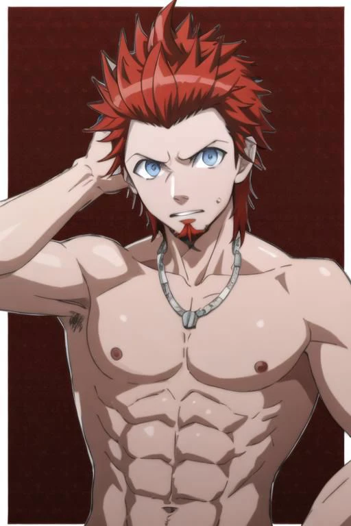 leon kuwata, short hair, blue eyes, male focus, red hair, facial hair, spiked hair, goatee, looking at viewer, soft shading, shirtless, dynamic pose, shiny skin, sexy