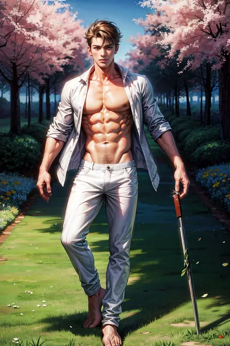 absurdres, intricate details, masterpiece, best quality, high resolution, 8k, RAW photo, 1Man, ((male model )) heaty skin, masterpiece, best quality, most handsome man in the world, by Shen Quan, prefect body, beautiful male model, an attractive man 18-24 years old aesthetic, at spring flower booming, green fields, spring, plains, trees, flower, blue sky, ruggedly handsome young man wearing a white pajamas, white jockstrap ,white cloth, shirtless Jacket over shoulder, (Male Focus), ((smooth body)), super cute, dynamic pose, cool and seductive, dramatic lighting, full body shot, youthful face, full body, body without hair, pubic hairs, thin and tall, fit body, dominant, Caucasian or white skin, youthful face, firm body, high definition, natural flesh tones, soft light, highly detailed, looking at viewer, photography, detailed skin, real person, realistic, photo-realistic, insanely detailed, face detail, hype maximalist, hype hyperrealism, cinematic, telephoto, lighting intricate details, highly detailed, highly detailed, digital painting, artstation, concept art, smooth, sharp focus, illustration, Unreal Engine 5, 8K, art by Ross Tran and greg rutkowski and alphonse Mucha, UHD, 8k, show only male.8k uhd, dslr, dim lighting, high quality, film grain, Fujifilm XT3, male only fan,2 mans, pair model.
<lora:add_detail:1.2>, <lyco:GoodHands-beta2:1.0>
