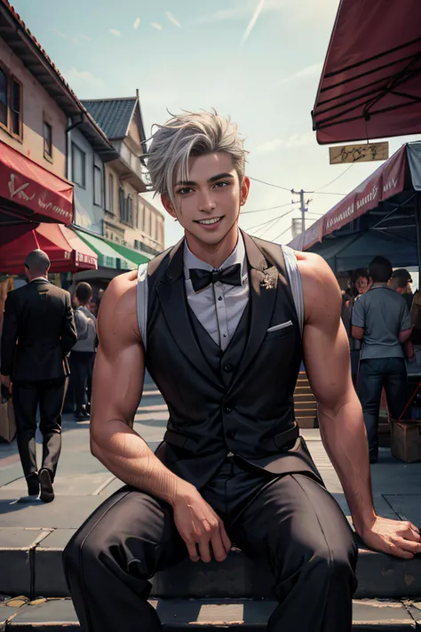 (best quality), (high quality), (detailed), (masterpiece), (absurdres), a young male model, sitting down on top of a stair of a marketplace, looking at the camera, smiling, confident smile, confident grin, fade hair, short hair, wearing a sleeveless tuxedo, outdoor, market, full of people buying, energetic, (sharp focus), 35mm, grain, dslr shot, fujifilm, vibrant, dynamic lighting, outdoor lighting, octane render, ((8k)), GS-DeFeminize, <lora:add_detail:0.6>, (beautiful hands:1.2), (detailed fingers:1.2)