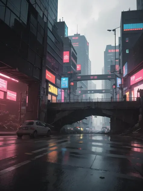 best quality, masterpiece, highres, ((masterpiece, best quality)),human perspective, 8k, modern architecture style, photo realistic, hyper detailed photo, clean sky, ruined city, cyberpunk,night,rain,