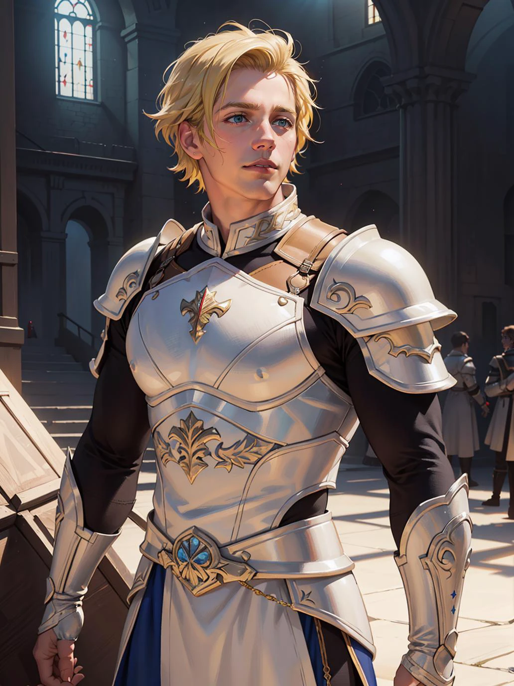 blonde hair, ivory white armor, ivory boots, Detailed, intricate, highly detailed, digital painting, fantasy, dynamic lighting, sharp focus, magical scene., Best quality, masterpiece, ultra high res, (photorealistic:1.4), 8k, intricate, elegant, highly detailed, majestic, digital photography,,