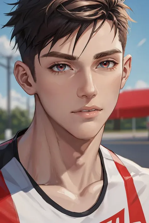 (Absurdres, Absurd Amount of Details, Intricate Details, Masterpiece, Best Quality, High Resolution, 8k), (1man), (male:1.2), youthful face, finely detailed eyes and face, lean body, striking presence with angular features and piercing eyes whose magnetic appeal, porcelain skin, cerulean straight classic crew cut hair, red eyes,  magnificent details,triathlon top, finely detailed background, Depth of Field, VFX