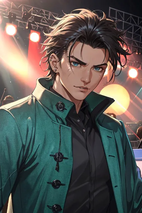 (Absurdres, Absurd Amount of Details, Intricate Details, Masterpiece, Best Quality, High Resolution, 8k), (1man), (male:1.2), mature, aged up, exquisite face, finely detailed eyes and face, toned body, cruel and twisted menacing appearance, dark, piercing looks that seem to stare into one's soul, sun-kissed skin, cerulean straight textured quiff hair, emerald green eyes, exquisite details,overcoat, music festival, live performances, energetic crowd, celebration, finely detailed background, Depth of Field, VFX