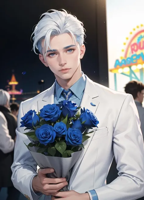 best quality,masterpiece,highres,realistic,(depth of field|amusement park), 1male,upper body,(bouquet|blue rose),(white hair|blue hair), white suit, short hair, hair slicked back, melowh, :>, handsome,