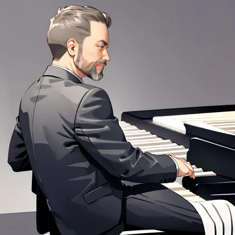 absurdres, highres, (playing piano:1.3), (piano:1.2), <lora:DirkCaber:0.85>, dirkcaber, suit, simple background, grey background, sitting, from side, <lora:backlight_slider_v10:1>