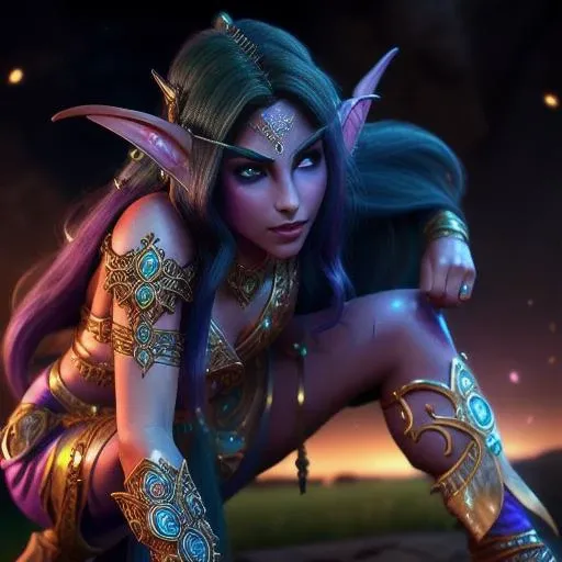 <lora:TyrandeWhisperwind:0.6> a photograph of a purple skinned crouching night elf tyrande whisperwind, photorealistic, beautiful face, high quality, 4k, hdr