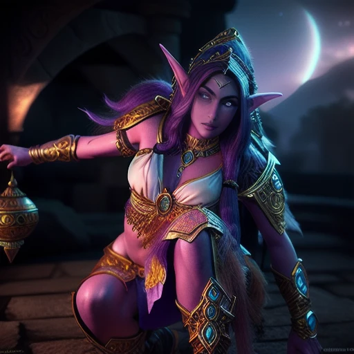 <lora:TyrandeWhisperwind:0.6> a photograph of a purple skinned crouching night elf tyrande whisperwind, photorealistic, beautiful face, high quality, 4k, hdr