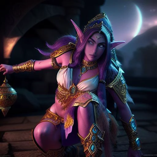 <lora:TyrandeWhisperwind:0.6> a photograph of a purple skinned crouching night elf tyrande whisperwind, photorealistic, beautiful face, high quality, 4k, hdr