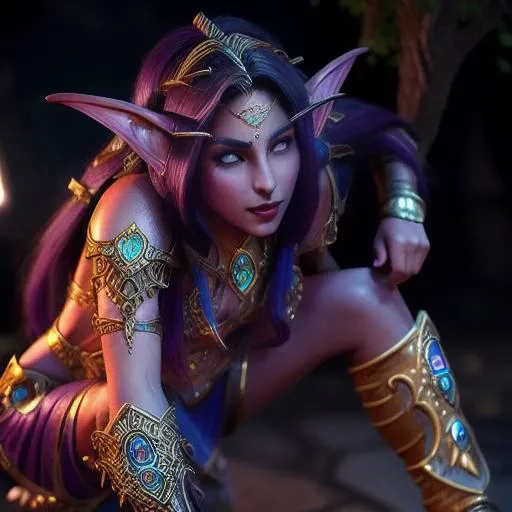<lora:TyrandeWhisperwind:0.6> a photograph of a purple skinned crouching night elf tyrande whisperwind, photorealistic, beautiful face, high quality, 4k, hdr