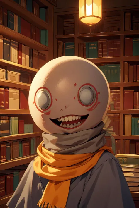 (from side, head:1.2),(indoor, ancient library:1.5),
1boy,male focus,looking at viewer,  <lora:emil4-000006:0.7> (em1l, teeth, no humans, head, open mouth, 1other, smile, grin, cloak, scarf, light_grey_head:1.5),skeleton_hands,
(best quality:1.1), (masterpiece:1.4), (absurdres:1.0),highres,clean, wallpaper, ((ultra-detailed:1.5)), (best illustration),<lora:add_detail:0.5>
