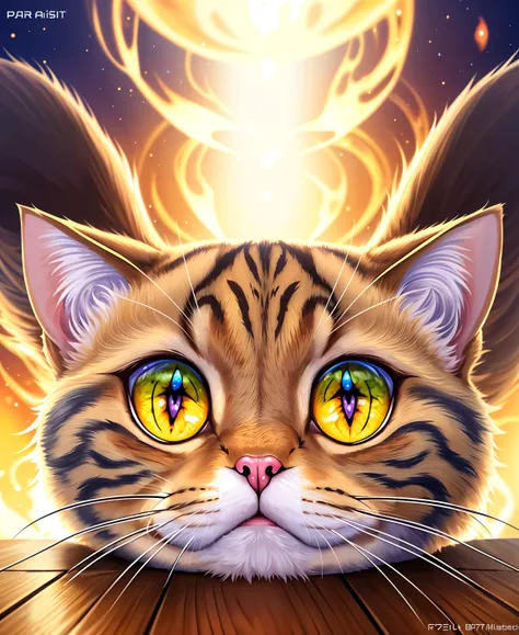 a painting of a kawaii cat, (masterpiece, best quality), particle effects, epic explosion background, vivid, hdr, night time, very detailed, (cell shaded:1.2), ray tracing, party cat
