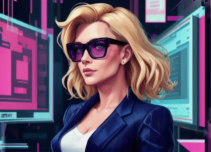 In-a-world-powered-by-((, <lora:MalwareTech:0.6>, malware-glitch, cyberpunk, matwaretech))-Megan_Kraft-is-a-blonde-reporter-conducting-interviews-on-the-street-with-the-aid-of-hypnosis, wearing-open-blazer-over-a-white-shirt-with-blue-jean, black-framed-eyewear