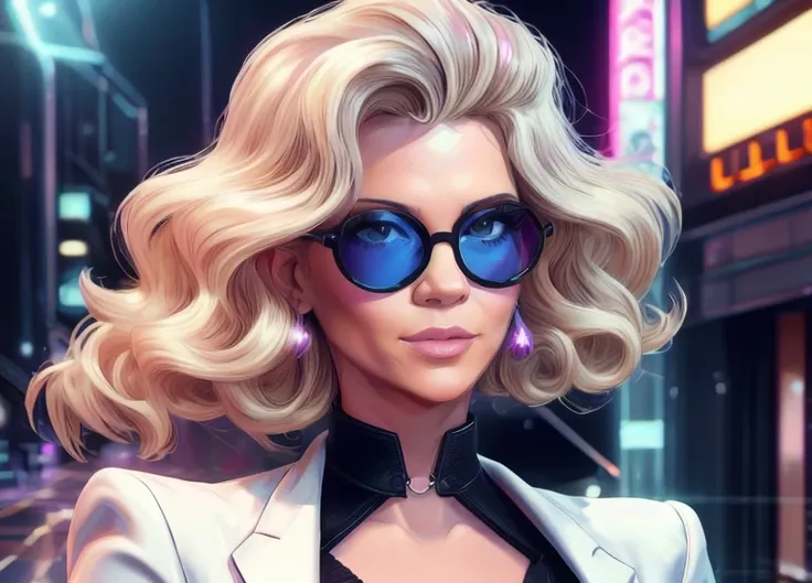 In-a-world-powered-by-retrowavetech-Megan_Kraft-is-a-blonde-reporter-conducting-interviews-on-the-street-using-psionicmagic, wearing-open-blazer-over-a-white-shirt-with-blue-jean, black-framed-eyewear, <lora:PsionicMagic:0.71>, shimmers, <lora:RetrowaveTech:0.48>, <lora:neg4all_bdsqlsz_V3.5:0.8>