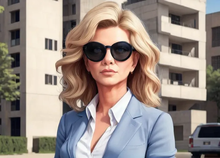 In-a-world-powered-by-((, <lora:BrutalistTech:0.6>, cement, brutaltech))-Megan_Kraft-is-a-blonde-reporter-conducting-interviews-on-the-streets, wearing-open-navy-blue-blazer-over-a-white-shirt-with-denim-jeans, black-framed-eyewear, <lora:AdvancedEnhancer:1.3>, <lora:neg4all_bdsqlsz_V3.5:0.8>