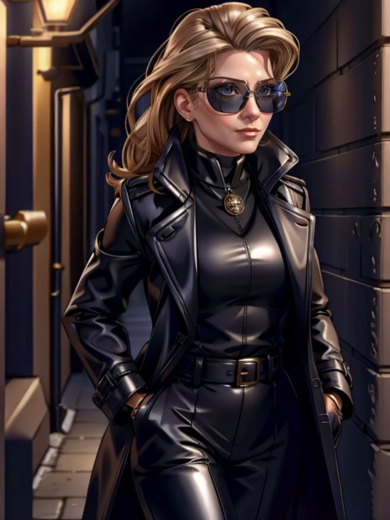 4k, UHD, photorealistic, extremely detailed,
Investigative Reporter, Megan_Kraft, glasses, trench coat, leather gloves, and aviator goggles , creeping down a dark alley looking for clues,