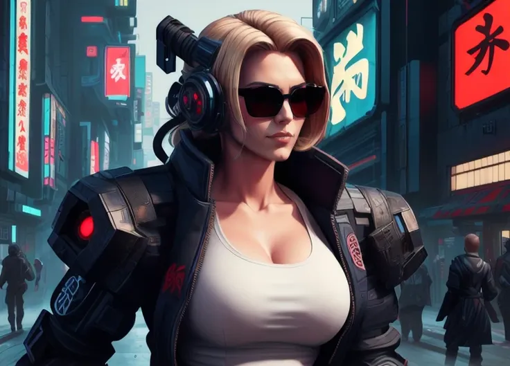 In-a-world-powered-by-((, <lora:ShinobiTech:0.6>, bulky-metal, cyberpunk, shinobitech))-Megan_Kraft-is-a-blonde-reporter-conducting-interviews-on-the-street-with-the-aid-of-hypnosis, wearing-open-blazer-over-a-white-shirt-with-blue-jean, black-framed-eyewear