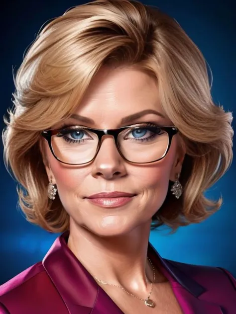 4k, UHD, photorealistic, extremely detailed, 
News Anchorwoman, Megan_Kraft, glasses,  Ron Burgundy Style Movie Poster,