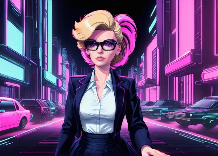 In-a-world-powered-by-((, <lora:RetrowaveTech:0.6>, bladerunner, synthwave, virtual, wirefrme, retrowavetech)), Megan_Kraft-is-a-blonde-reporter-conducting-interviews-on-the-streets, wearing-open-navy-blue-blazer-over-a-white-shirt-with-professional-skirt, black-framed-eyewear, <lora:AdvancedEnhancer:1.3>, <lora:neg4all_bdsqlsz_V3.5:0.8>