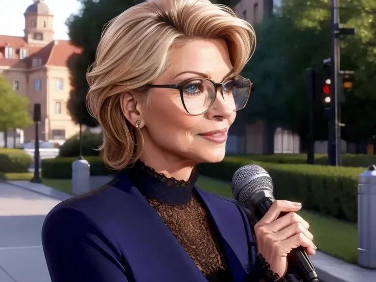 4k, UHD, photorealistic, extremely detailed, 
News Reporter, Megan_Kraft, glasses,  holding a microphone, reporting live from Barbabos, outdoors, crime secene,