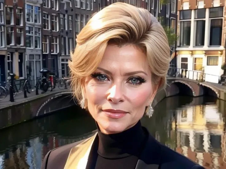 4k, UHD, photorealistic, extremely detailed, 
News Reporter, Megan_Kraft, glasses,  holding a microphone, reporting live from Amsterdam, Netherlands, outdoors, crime secene,