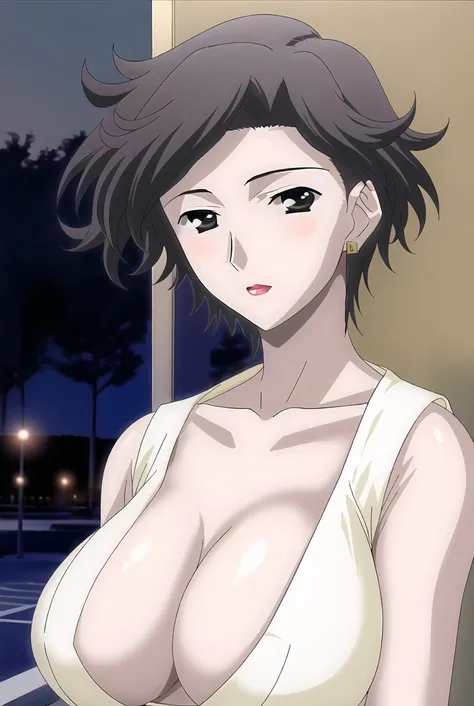 front portrait of manami_katsura, mature_female, breasts, upper_body, night, realism <lora:ManamiKatsura-000074:0.7>